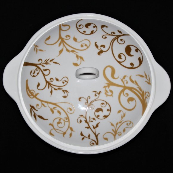 Vintage Orange Crate Vegetable Bowl | White Lidded Bowl With Gold Scrollwork - Picture 2 of 6